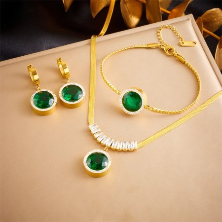 DIEYURO 316L Stainless Steel Round Green Zircon Necklace Bracelet Earrings For Women Girl New Party Gift Fashion Jewelry Set